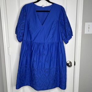 Old Navy Dress Womens 2X Royal Blue Cutwork Eyelet Puff Sleeve VNeck